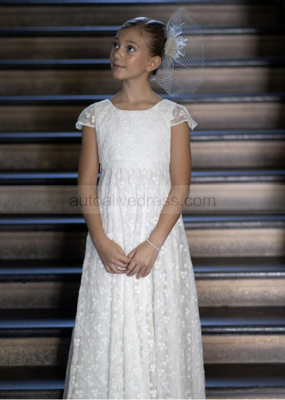 Ivory Floral Lace Floor Length Flower Girl Dress